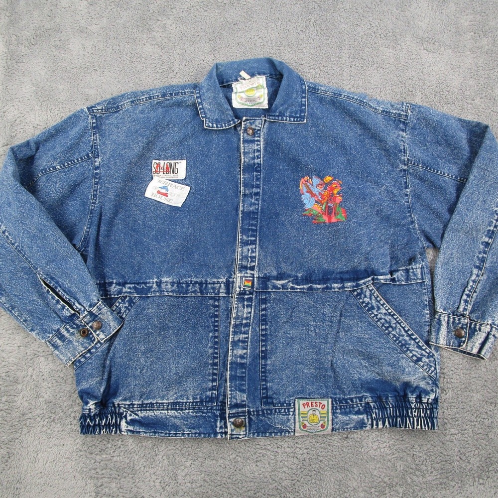 Vintage Presto Acid Wash Denim Jacket Grim Reaper Biker Graphic Blue Medium
